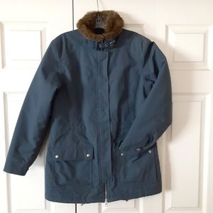 LAND'S END dust blue coat with removable faux fur collar double zippers & pocket